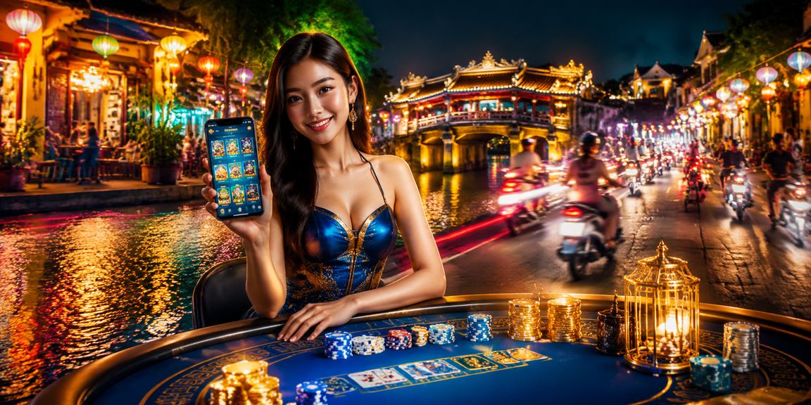 Người dùng tại Hội An xem tỷ lệ kèo bóng đá trên điện thoại trong không gian chợ đêm lung linh